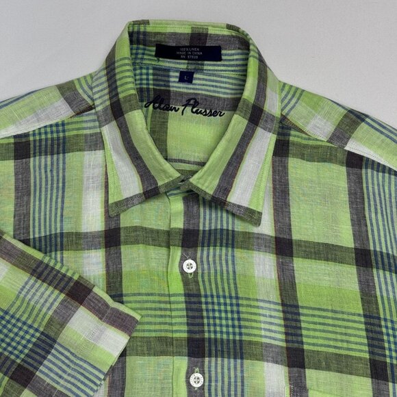 Alan Flusser Green Plaid 100% Linen Short Sleeve Button-Down Shirt Men’s Large - Picture 2 of 8
